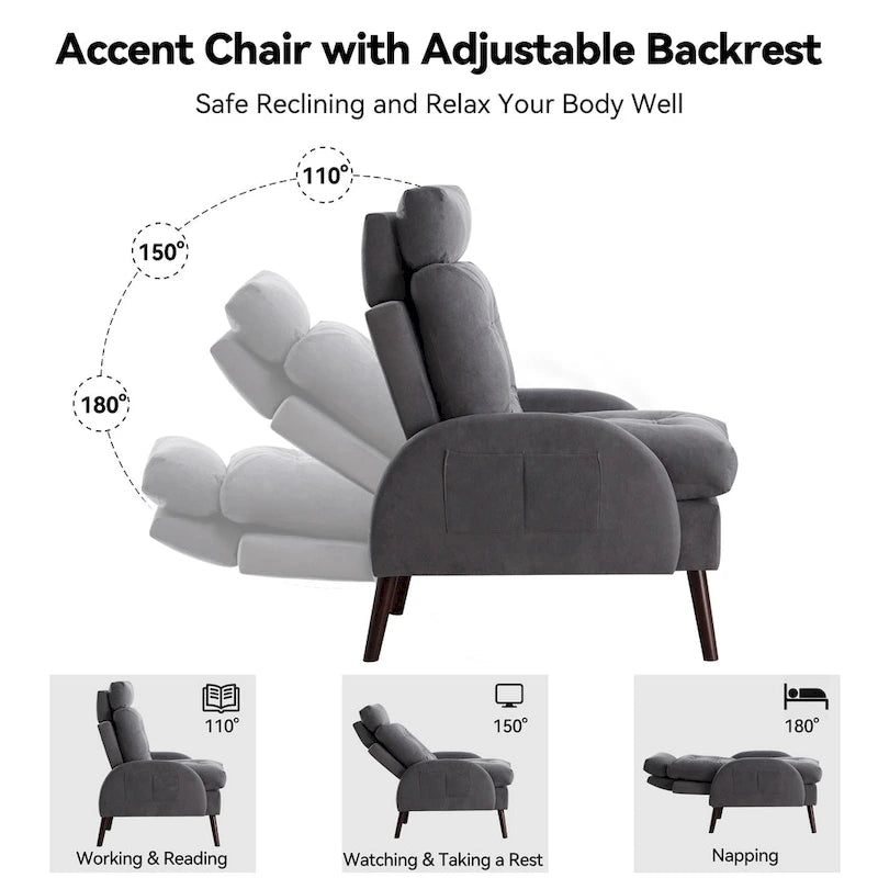 Chaise longue en velours gris/beige/gris foncé avec pouf de rangement – Individuel