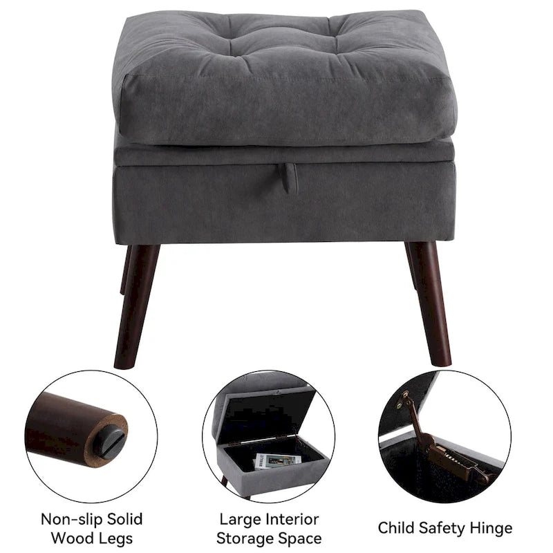 Chaise longue en velours gris/beige/gris foncé avec pouf de rangement – Individuel