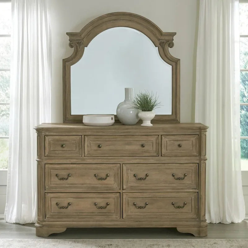 Lit, commode et miroir rembourrés Blanc antique / Bisque patiné – Grand lit/Très grand lit