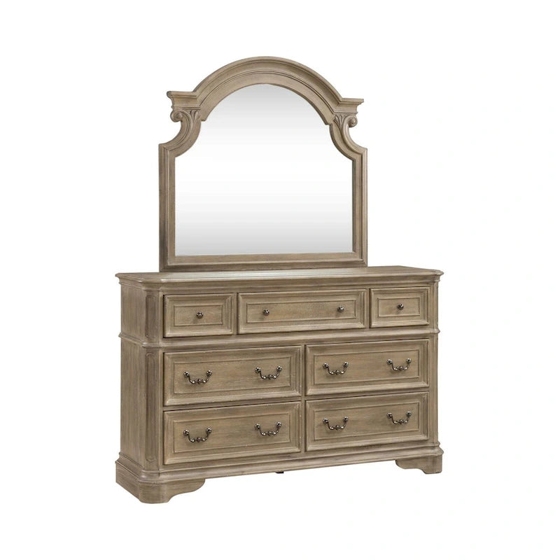 Lit, commode et miroir rembourrés Blanc antique / Bisque patiné – Grand lit/Très grand lit