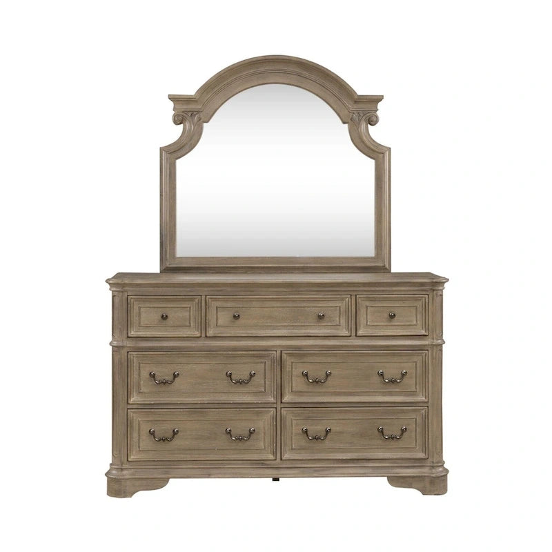 Lit, commode et miroir rembourrés Blanc antique / Bisque patiné – Grand lit/Très grand lit