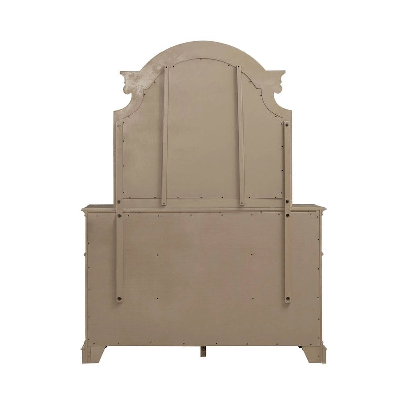 Lit, commode et miroir rembourrés Blanc antique / Bisque patiné – Grand lit/Très grand lit