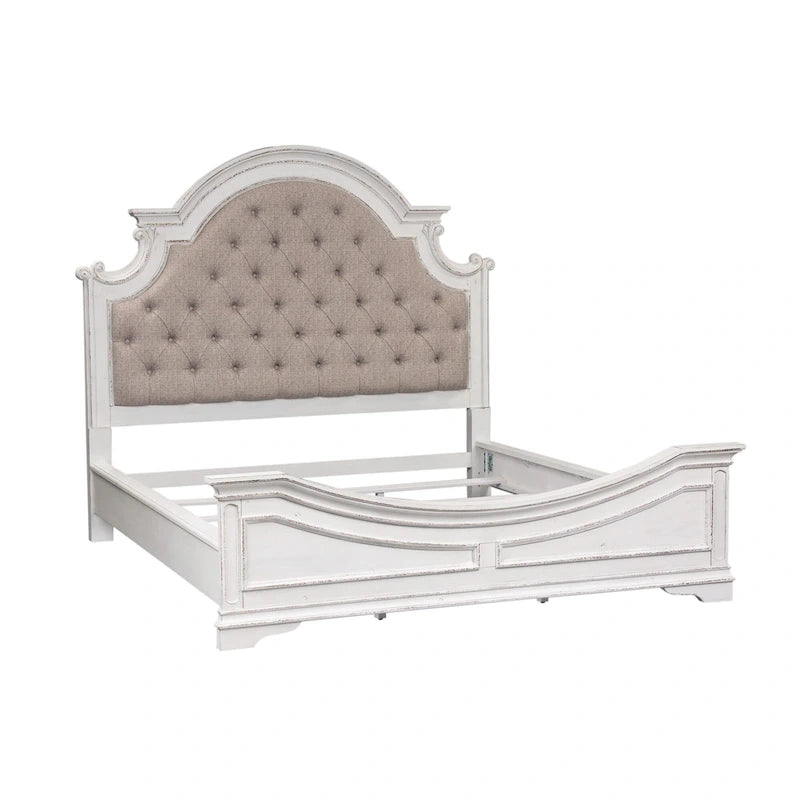 Lit, commode et miroir rembourrés Blanc antique / Bisque patiné – Grand lit/Très grand lit