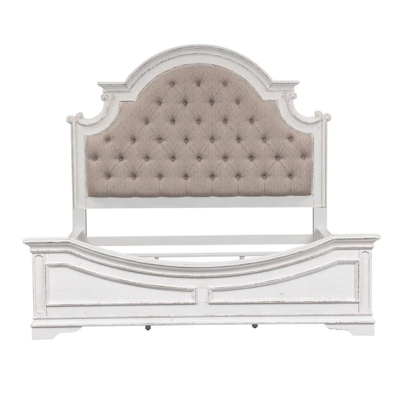 Lit, commode et miroir rembourrés Blanc antique / Bisque patiné – Grand lit/Très grand lit