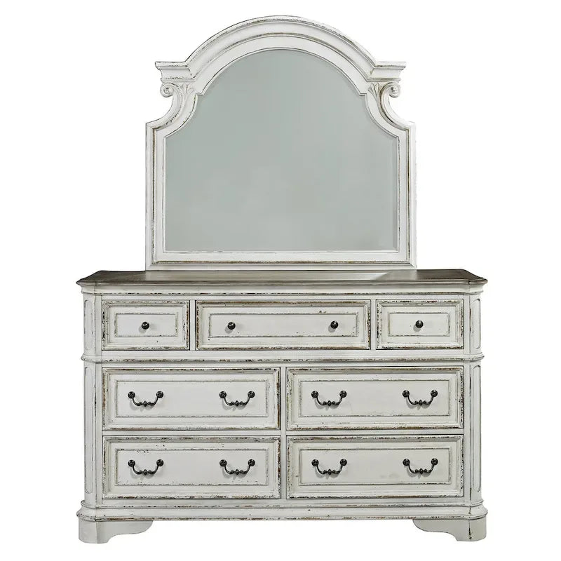 Lit, commode et miroir rembourrés Blanc antique / Bisque patiné – Grand lit/Très grand lit