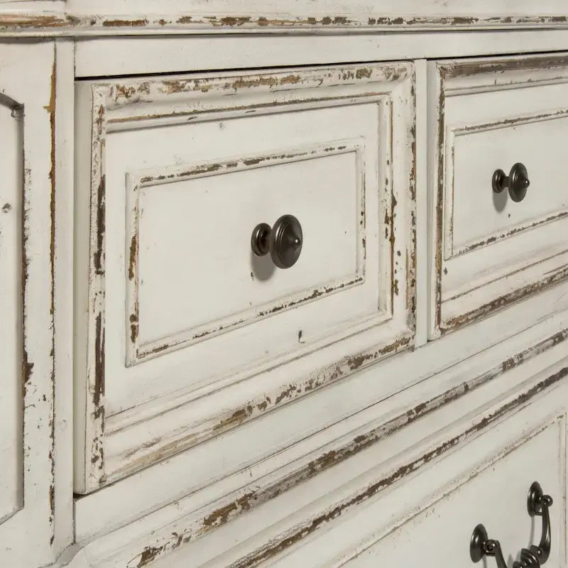 Lit, commode et miroir rembourrés Blanc antique / Bisque patiné – Grand lit/Très grand lit