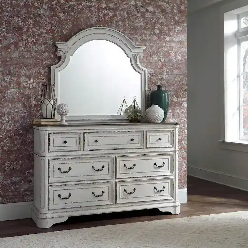 Lit, commode et miroir rembourrés Blanc antique / Bisque patiné – Grand lit/Très grand lit