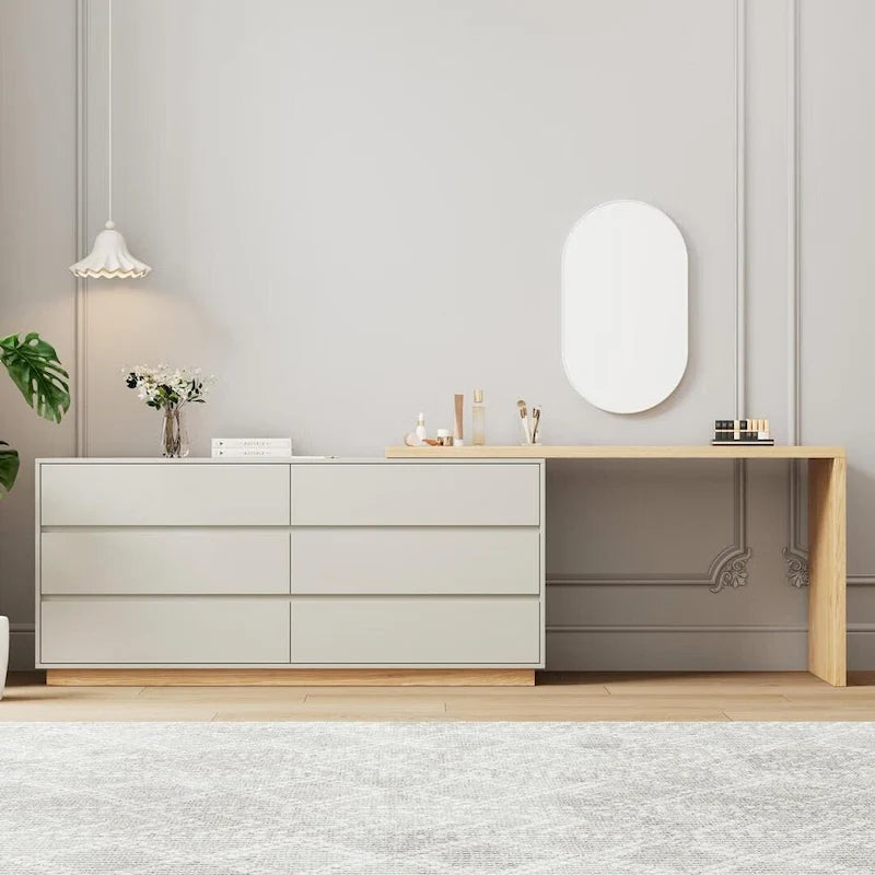 Bureau d'angle en L et coiffeuse à 6 tiroirs, blanc, pour une personne