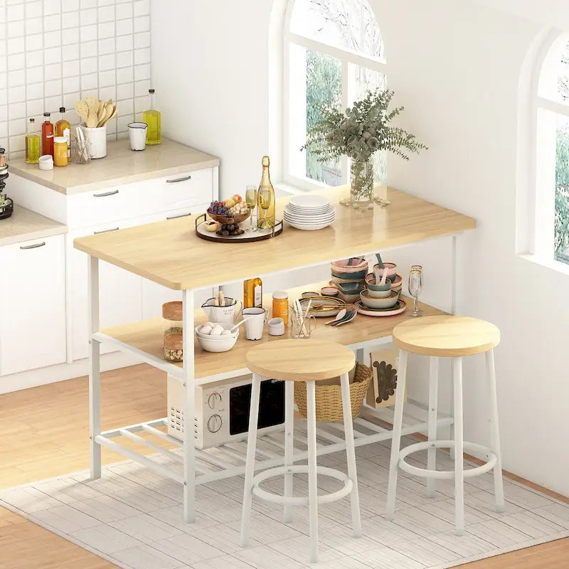 Îlot de cuisine blanc/marron vieilli/marron/beige avec 2 tabourets et étagères ouvertes