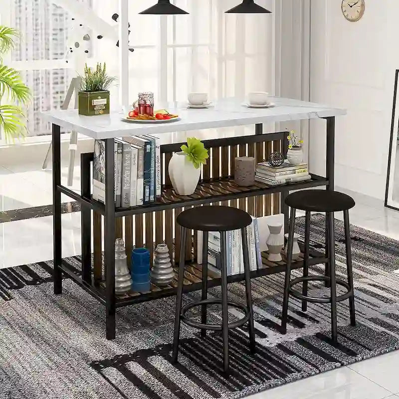 Îlot de cuisine blanc/marron vieilli/marron/beige avec 2 tabourets et étagères ouvertes
