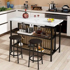 Îlot de cuisine blanc/marron vieilli/marron/beige avec 2 tabourets et étagères ouvertes