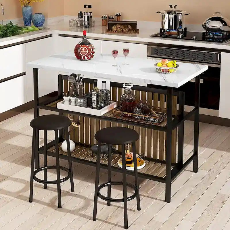 Îlot de cuisine blanc/marron vieilli/marron/beige avec 2 tabourets et étagères ouvertes