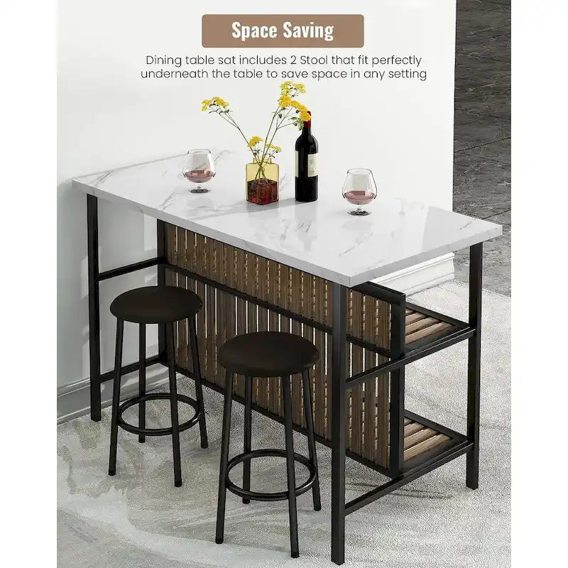 Îlot de cuisine blanc/marron vieilli/marron/beige avec 2 tabourets et étagères ouvertes
