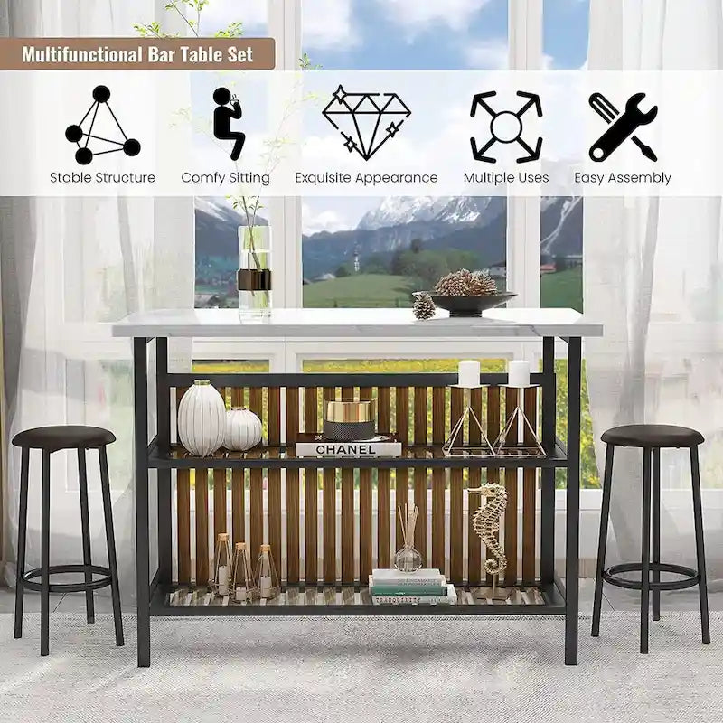 Îlot de cuisine blanc/marron vieilli/marron/beige avec 2 tabourets et étagères ouvertes