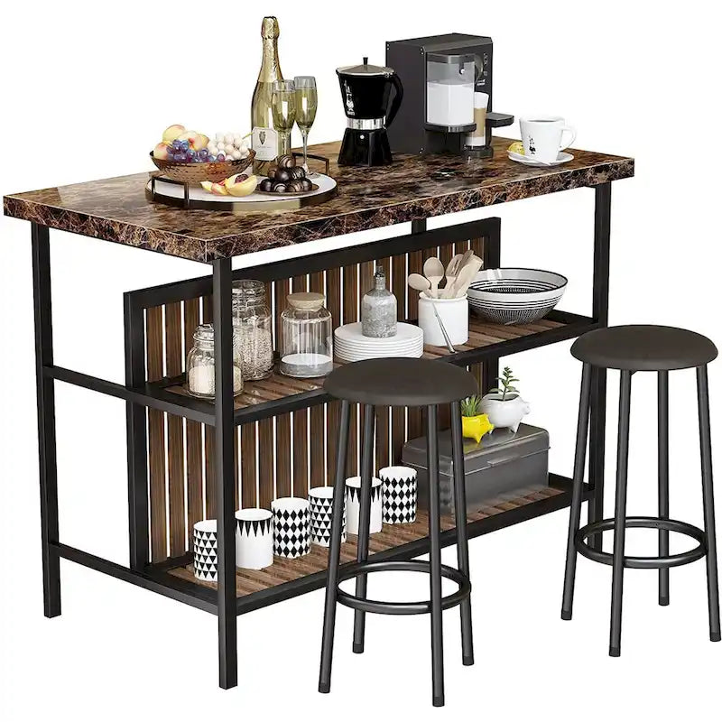Îlot de cuisine blanc/marron vieilli/marron/beige avec 2 tabourets et étagères ouvertes