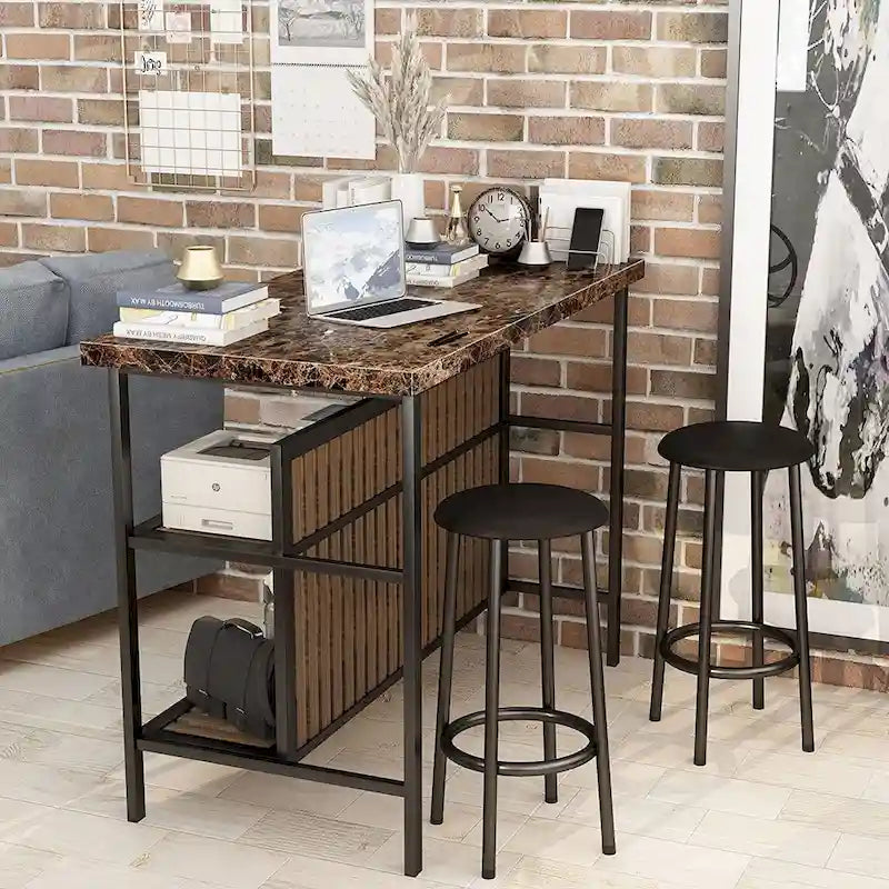 Îlot de cuisine blanc/marron vieilli/marron/beige avec 2 tabourets et étagères ouvertes