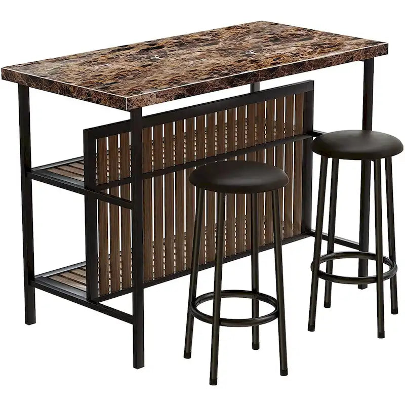 Îlot de cuisine blanc/marron vieilli/marron/beige avec 2 tabourets et étagères ouvertes