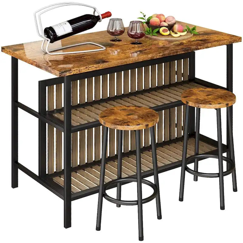 Îlot de cuisine blanc/marron vieilli/marron/beige avec 2 tabourets et étagères ouvertes