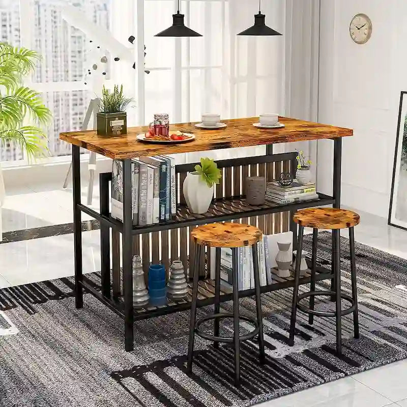 Îlot de cuisine blanc/marron vieilli/marron/beige avec 2 tabourets et étagères ouvertes