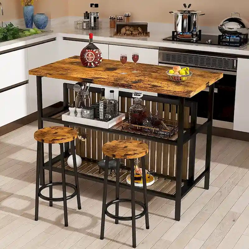 Îlot de cuisine blanc/marron vieilli/marron/beige avec 2 tabourets et étagères ouvertes
