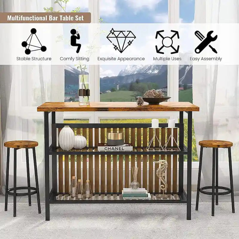 Îlot de cuisine blanc/marron vieilli/marron/beige avec 2 tabourets et étagères ouvertes