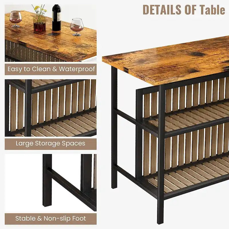 Îlot de cuisine blanc/marron vieilli/marron/beige avec 2 tabourets et étagères ouvertes
