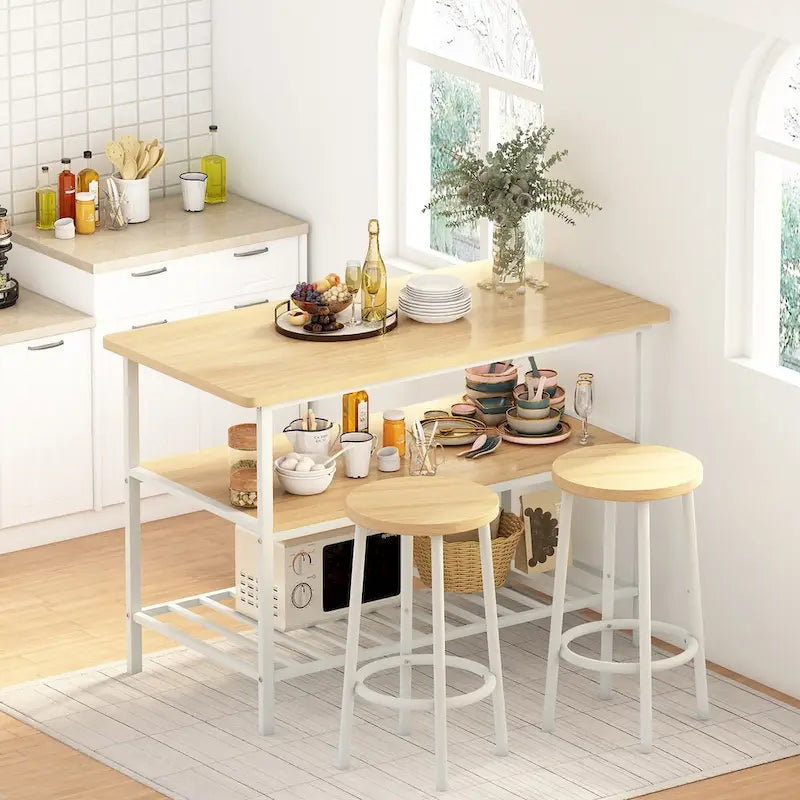 Îlot de cuisine blanc/marron vieilli/marron/beige avec 2 tabourets et étagères ouvertes