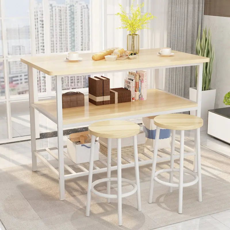 Îlot de cuisine blanc/marron vieilli/marron/beige avec 2 tabourets et étagères ouvertes