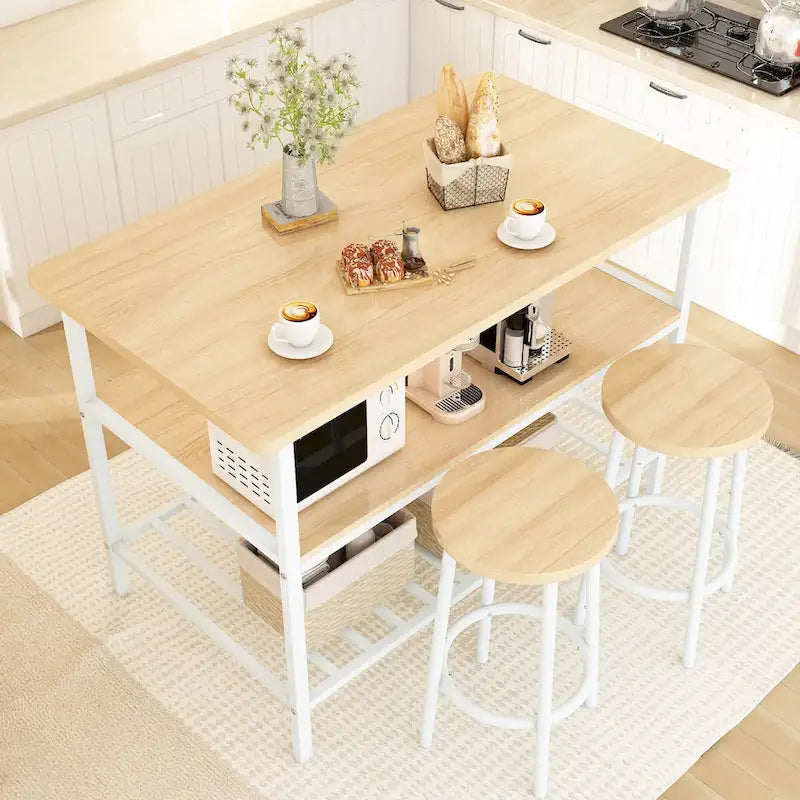 Îlot de cuisine blanc/marron vieilli/marron/beige avec 2 tabourets et étagères ouvertes