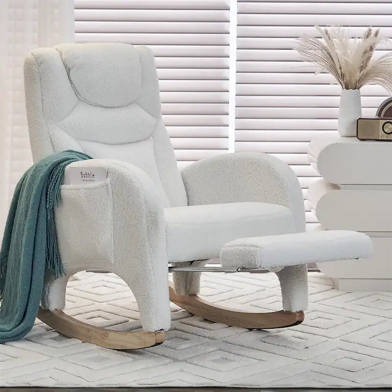 Fauteuil à bascule 1 place avec repose-pieds en tissu Teddy et lin Rose/Ivoire/Gris/Vert/Beige
