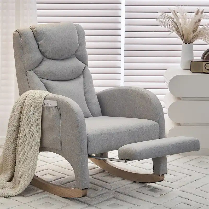 Fauteuil à bascule 1 place avec repose-pieds en tissu Teddy et lin Rose/Ivoire/Gris/Vert/Beige