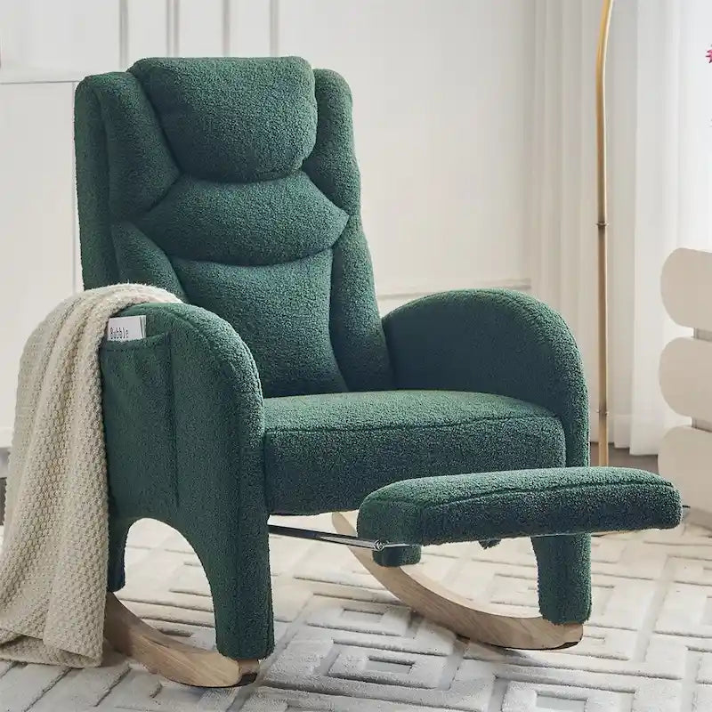 Fauteuil à bascule 1 place avec repose-pieds en tissu Teddy et lin Rose/Ivoire/Gris/Vert/Beige