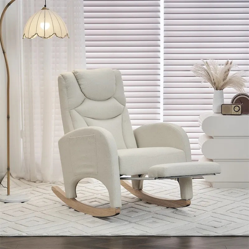 Fauteuil à bascule 1 place avec repose-pieds en tissu Teddy et lin Rose/Ivoire/Gris/Vert/Beige