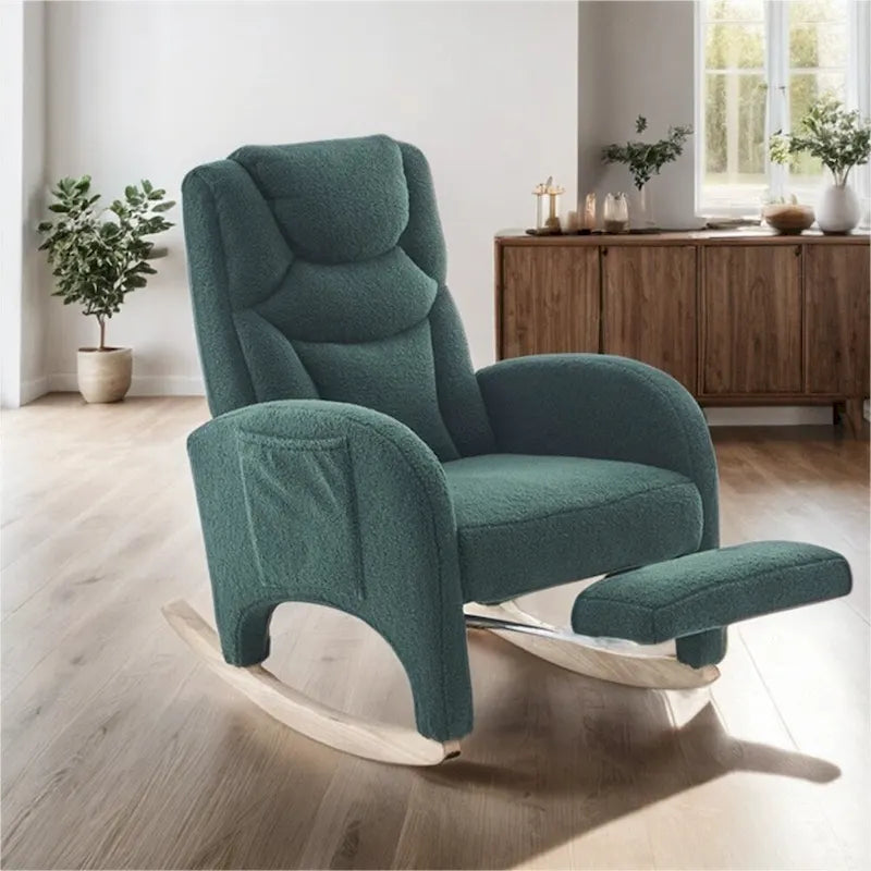 Fauteuil à bascule 1 place avec repose-pieds en tissu Teddy et lin Rose/Ivoire/Gris/Vert/Beige