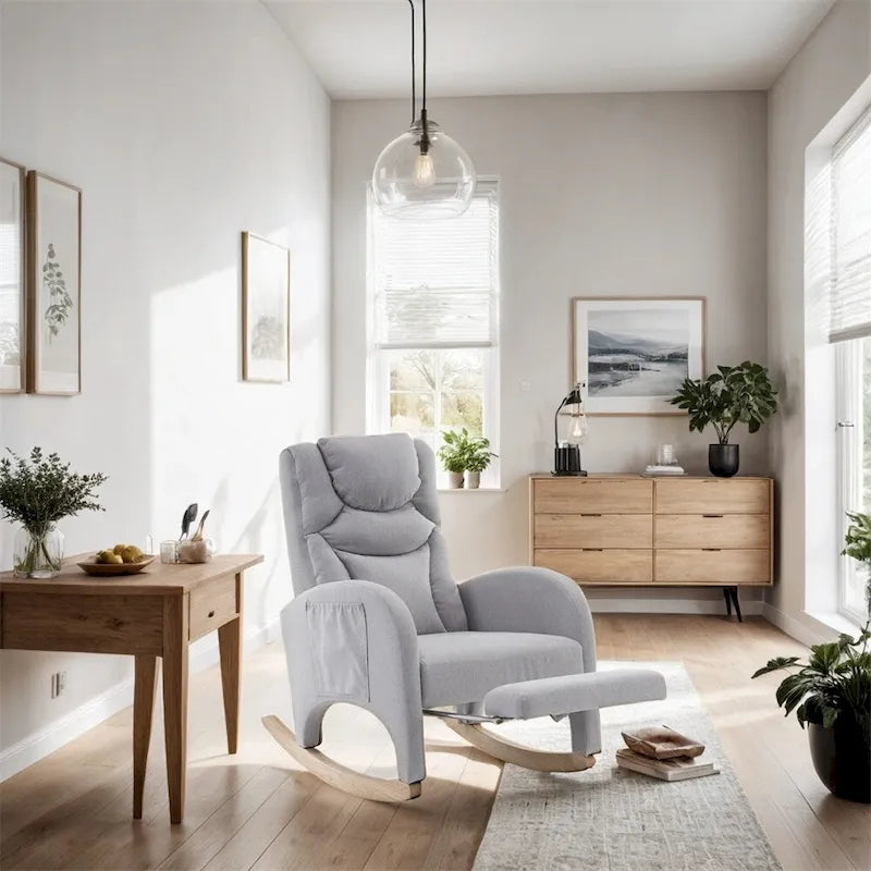 Fauteuil à bascule 1 place avec repose-pieds en tissu Teddy et lin Rose/Ivoire/Gris/Vert/Beige