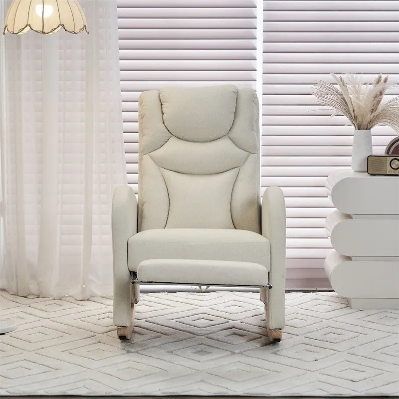 Fauteuil à bascule 1 place avec repose-pieds en tissu Teddy et lin Rose/Ivoire/Gris/Vert/Beige