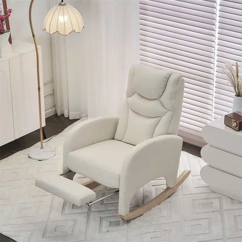 Fauteuil à bascule 1 place avec repose-pieds en tissu Teddy et lin Rose/Ivoire/Gris/Vert/Beige