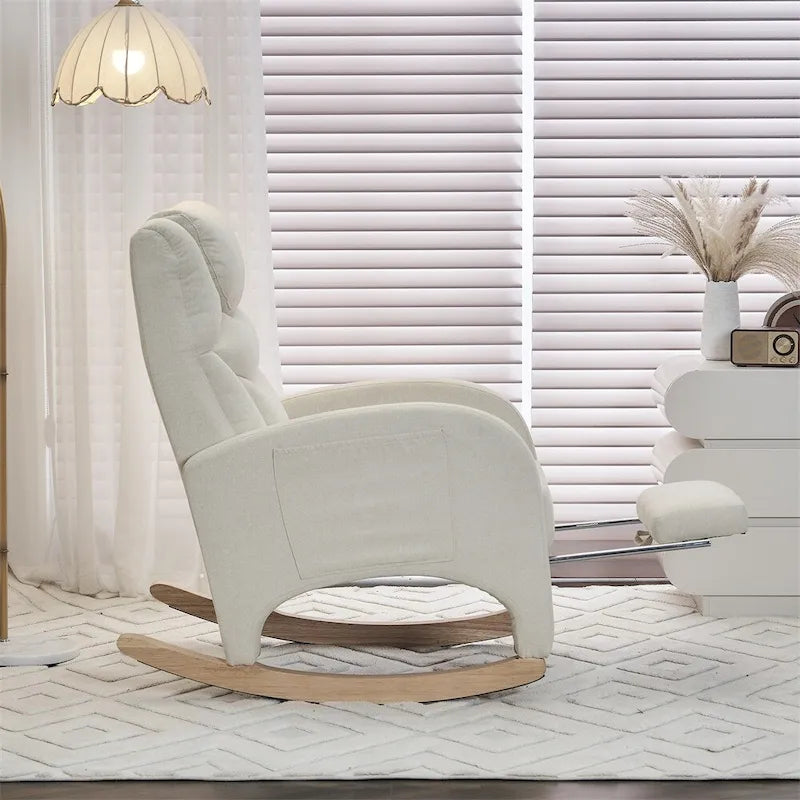 Fauteuil à bascule 1 place avec repose-pieds en tissu Teddy et lin Rose/Ivoire/Gris/Vert/Beige