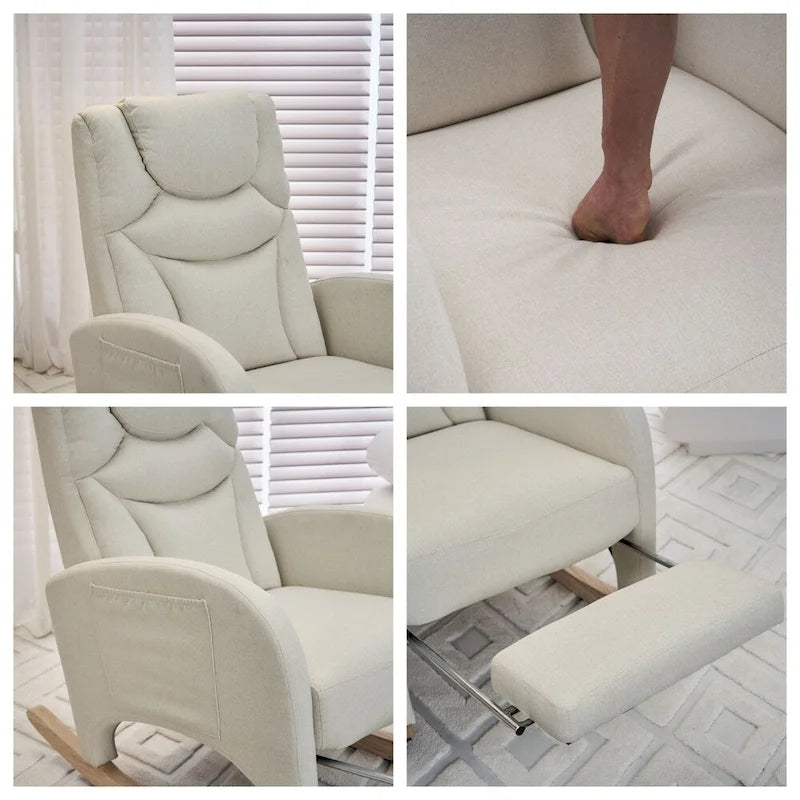 Fauteuil à bascule 1 place avec repose-pieds en tissu Teddy et lin Rose/Ivoire/Gris/Vert/Beige