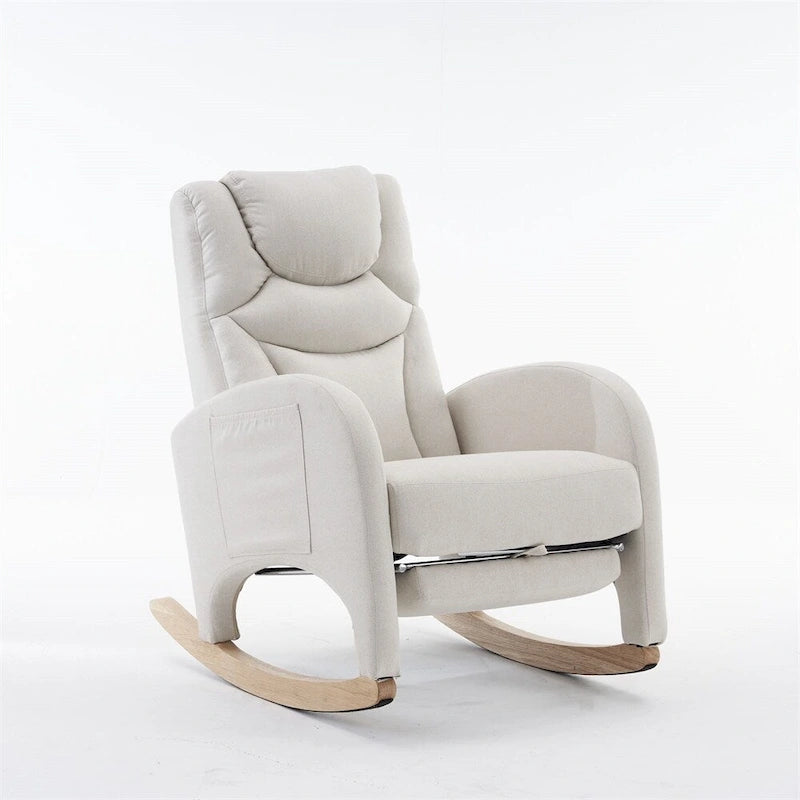 Fauteuil à bascule 1 place avec repose-pieds en tissu Teddy et lin Rose/Ivoire/Gris/Vert/Beige