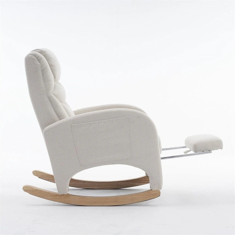 Fauteuil à bascule 1 place avec repose-pieds en tissu Teddy et lin Rose/Ivoire/Gris/Vert/Beige