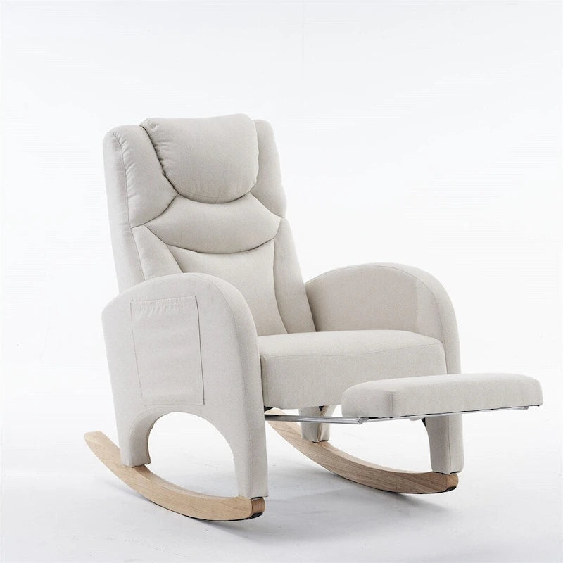 Fauteuil à bascule 1 place avec repose-pieds en tissu Teddy et lin Rose/Ivoire/Gris/Vert/Beige