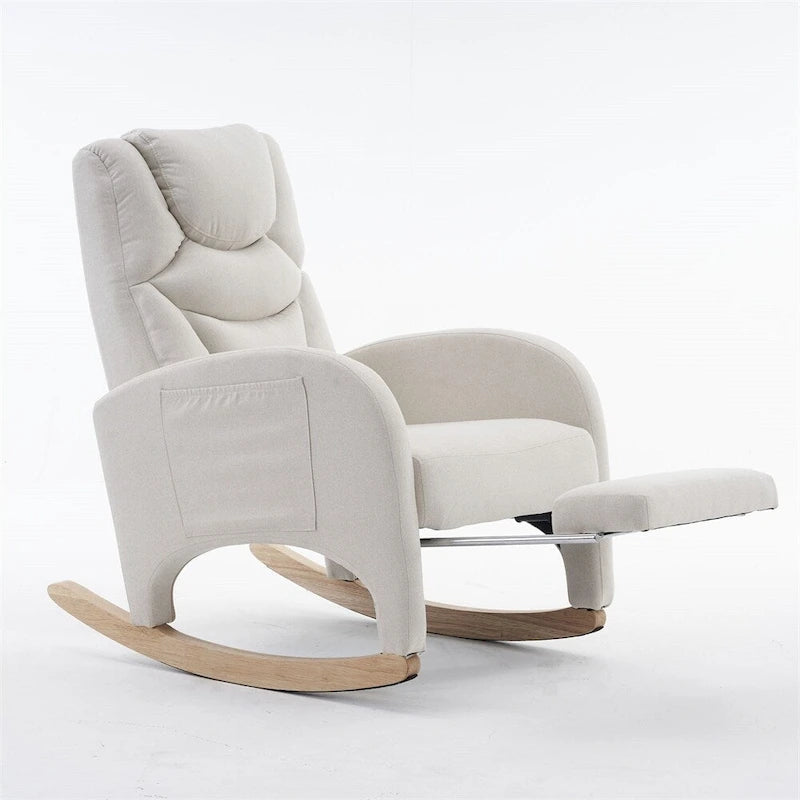 Fauteuil à bascule 1 place avec repose-pieds en tissu Teddy et lin Rose/Ivoire/Gris/Vert/Beige