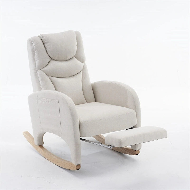 Fauteuil à bascule 1 place avec repose-pieds en tissu Teddy et lin Rose/Ivoire/Gris/Vert/Beige