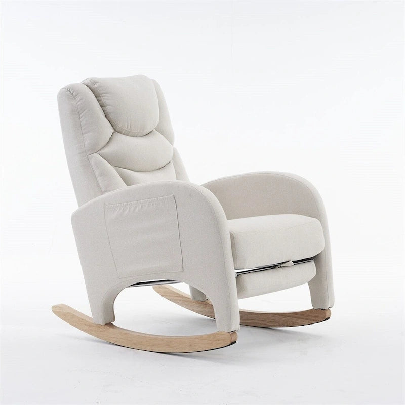 Fauteuil à bascule 1 place avec repose-pieds en tissu Teddy et lin Rose/Ivoire/Gris/Vert/Beige