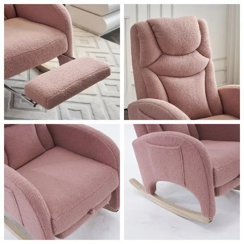 Fauteuil à bascule 1 place avec repose-pieds en tissu Teddy et lin Rose/Ivoire/Gris/Vert/Beige