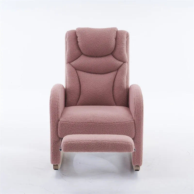 Fauteuil à bascule 1 place avec repose-pieds en tissu Teddy et lin Rose/Ivoire/Gris/Vert/Beige