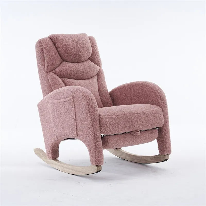 Fauteuil à bascule 1 place avec repose-pieds en tissu Teddy et lin Rose/Ivoire/Gris/Vert/Beige