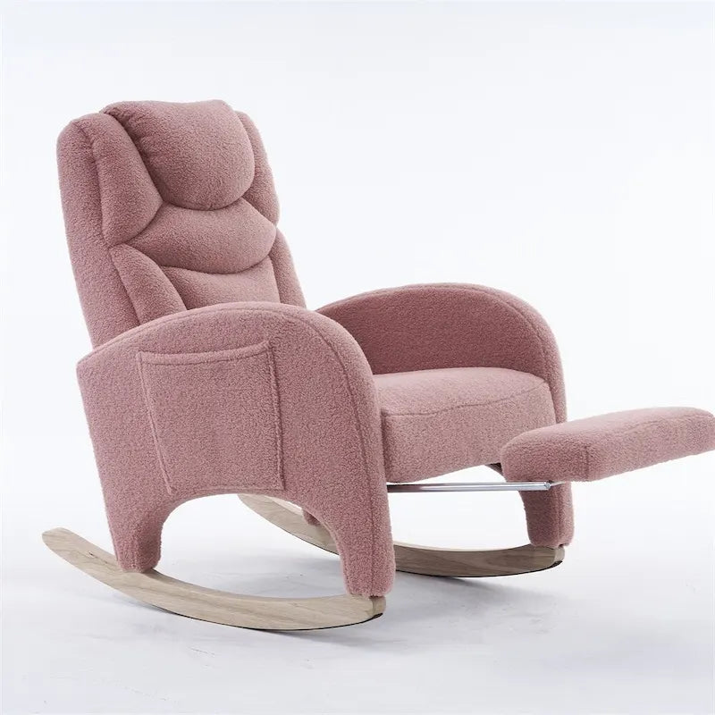 Fauteuil à bascule 1 place avec repose-pieds en tissu Teddy et lin Rose/Ivoire/Gris/Vert/Beige