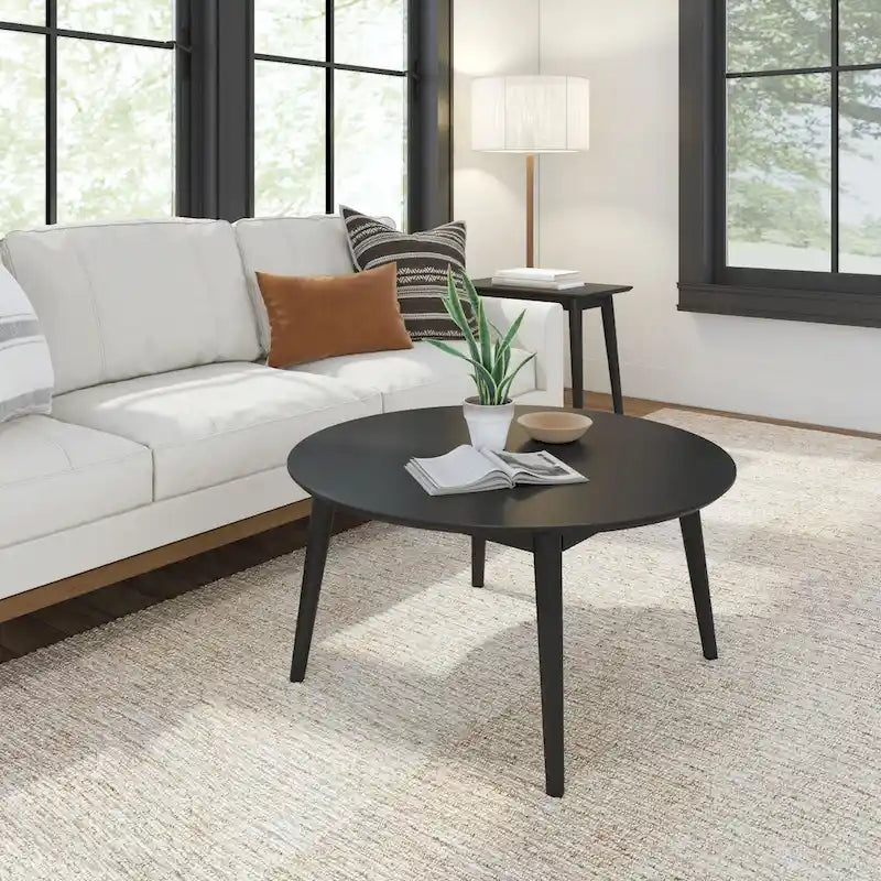Table basse ronde Mid-Century Modern – Noyer / Noyer de pécan / Noir, 91 cm, 1 personne